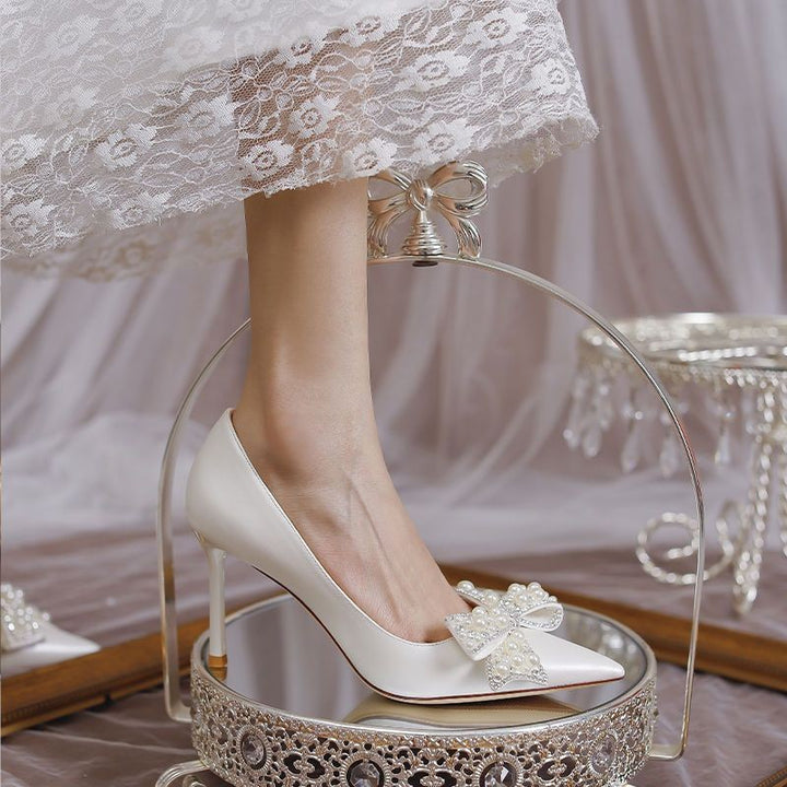 Ladies high-quality wedding pumps with beaded appliqué and refined bow detail Lune London