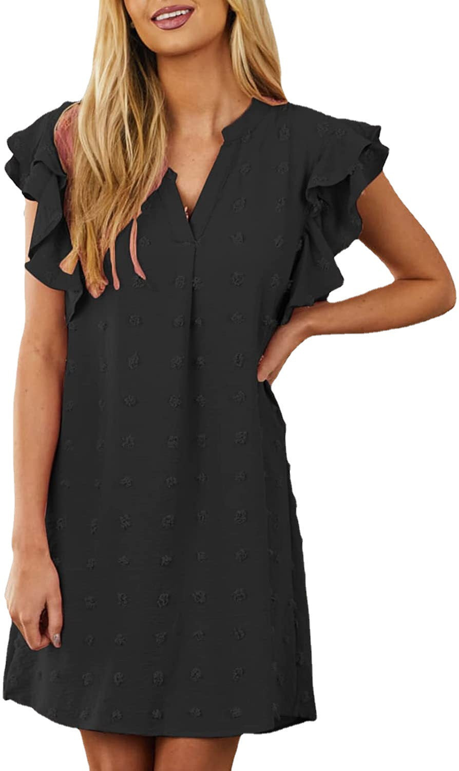 Chic and Stylish Women’s V Neck Shift Dress with Ruffle Sleeves