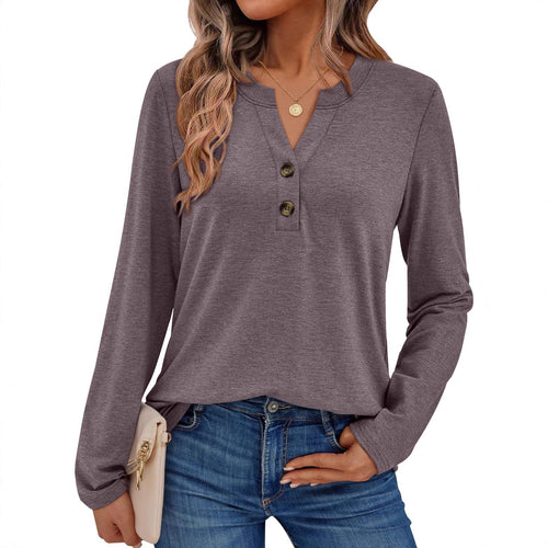 Casual long sleeve T-shirt for women with button detail and round neck Lune London