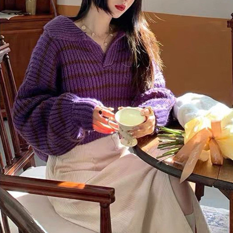 Knit sweater for women with casual collar and attractive stripes Lune London