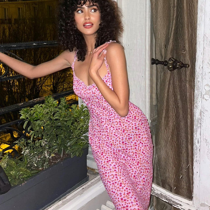 Midi dress for women with floral pattern and adjustable straps Lune London