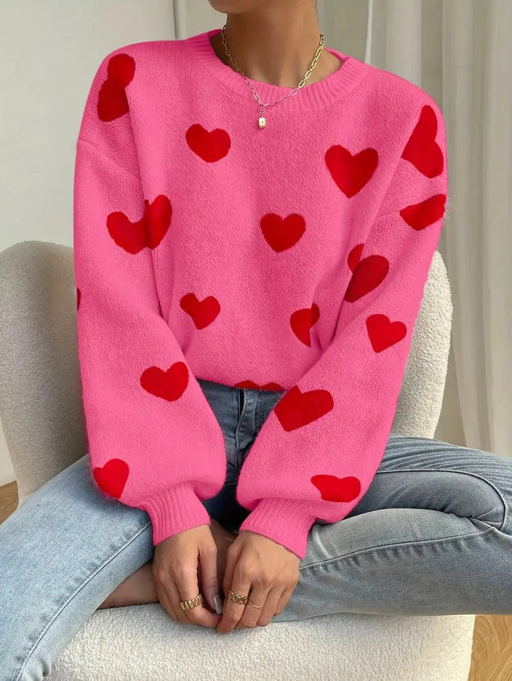 Women's Knitted Pullover with Striking Heart Design and Casual Cut Lune London