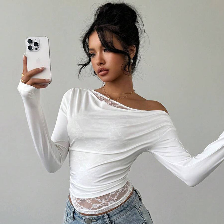 Casual long-sleeve t-shirt for women with asymmetric neckline and transparent details Lune London