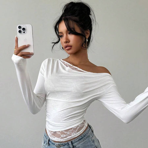 Casual long-sleeve t-shirt for women with asymmetric neckline and transparent details Lune London