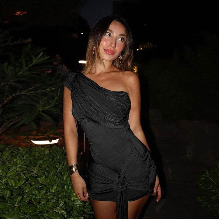 Women's elegant wrap dress with asymmetric design and ruffle details