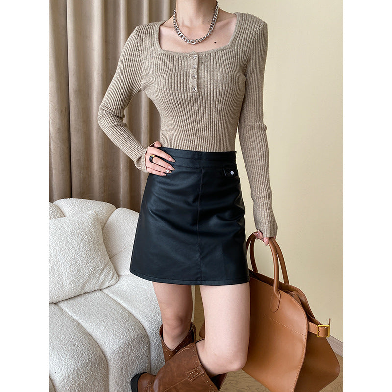 Women's Long Sleeve Ribbed Knit Top with Button Placket Chic & Stil