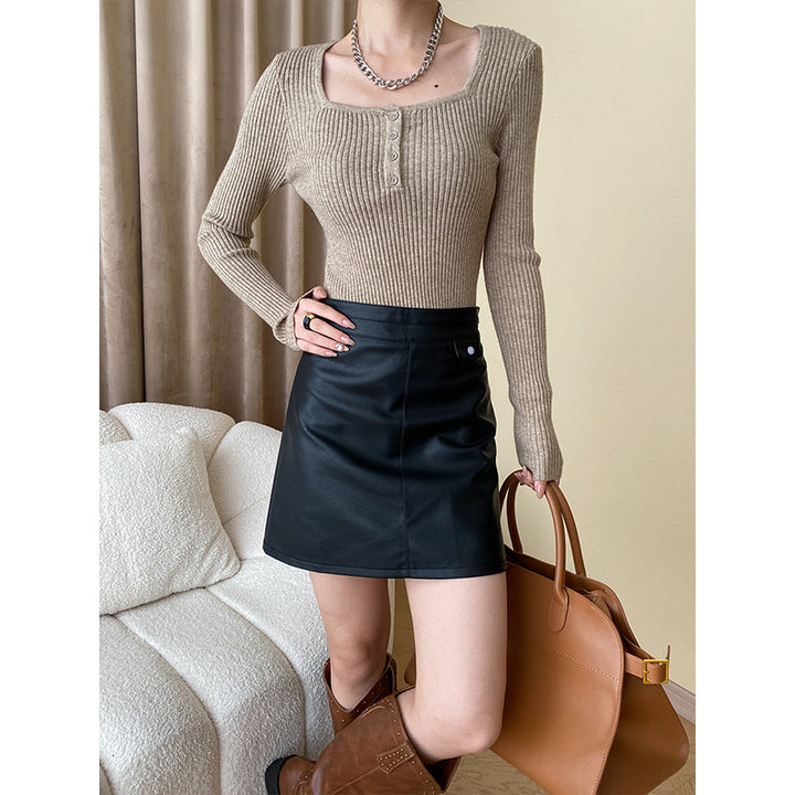 Women's Long Sleeve Ribbed Knit Top with Button Placket Chic & Stil