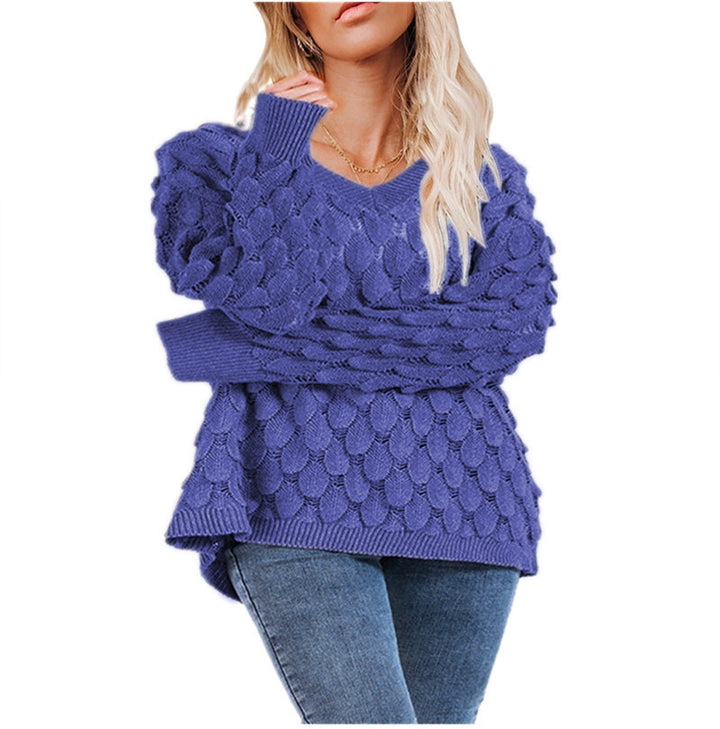 Pull en maille épaisse pour femmes avec motif ondulé sculptural et col en V Chic & Stil