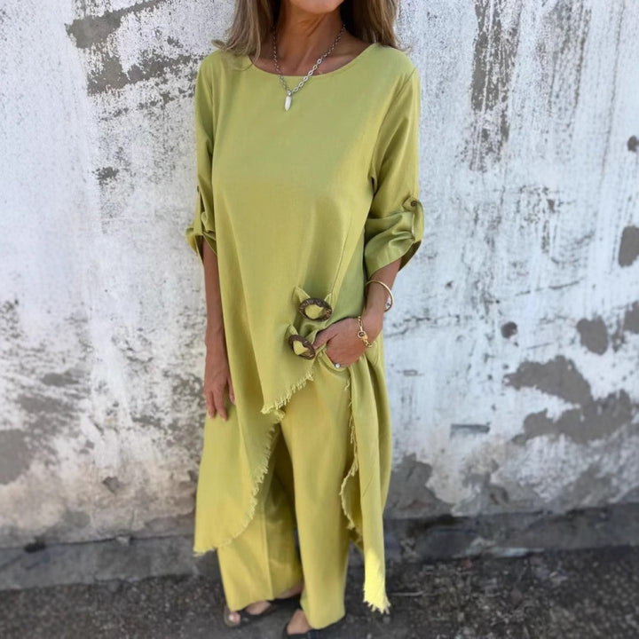 Casual maxi dress for women with a deep round neckline and practical button details Lune London