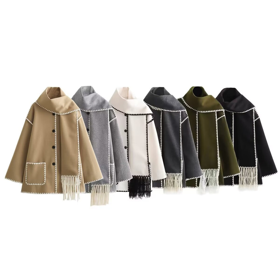 Elegant women's wool jacket with decorative fringed scarf Lune London