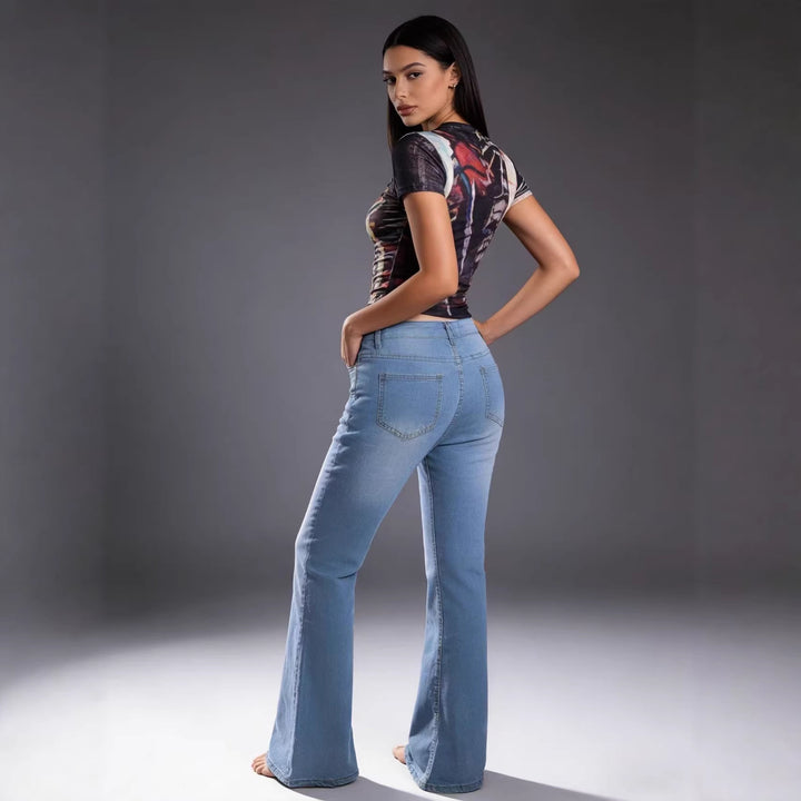 Women’s flared jeans with colorful button details and high waistband Lune London