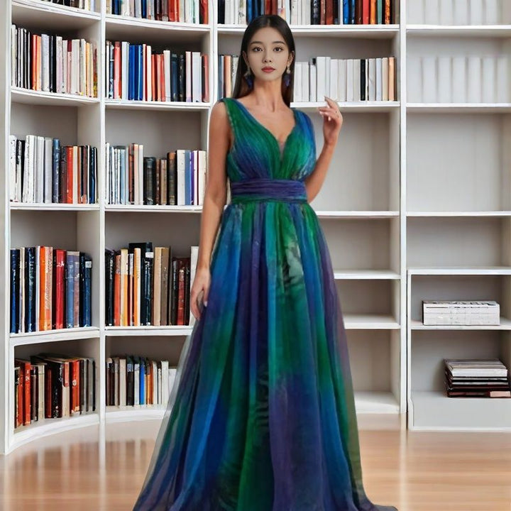 Women's Elegant Evening Dress with Shimmering Tulle Layers and Deep V-Neck