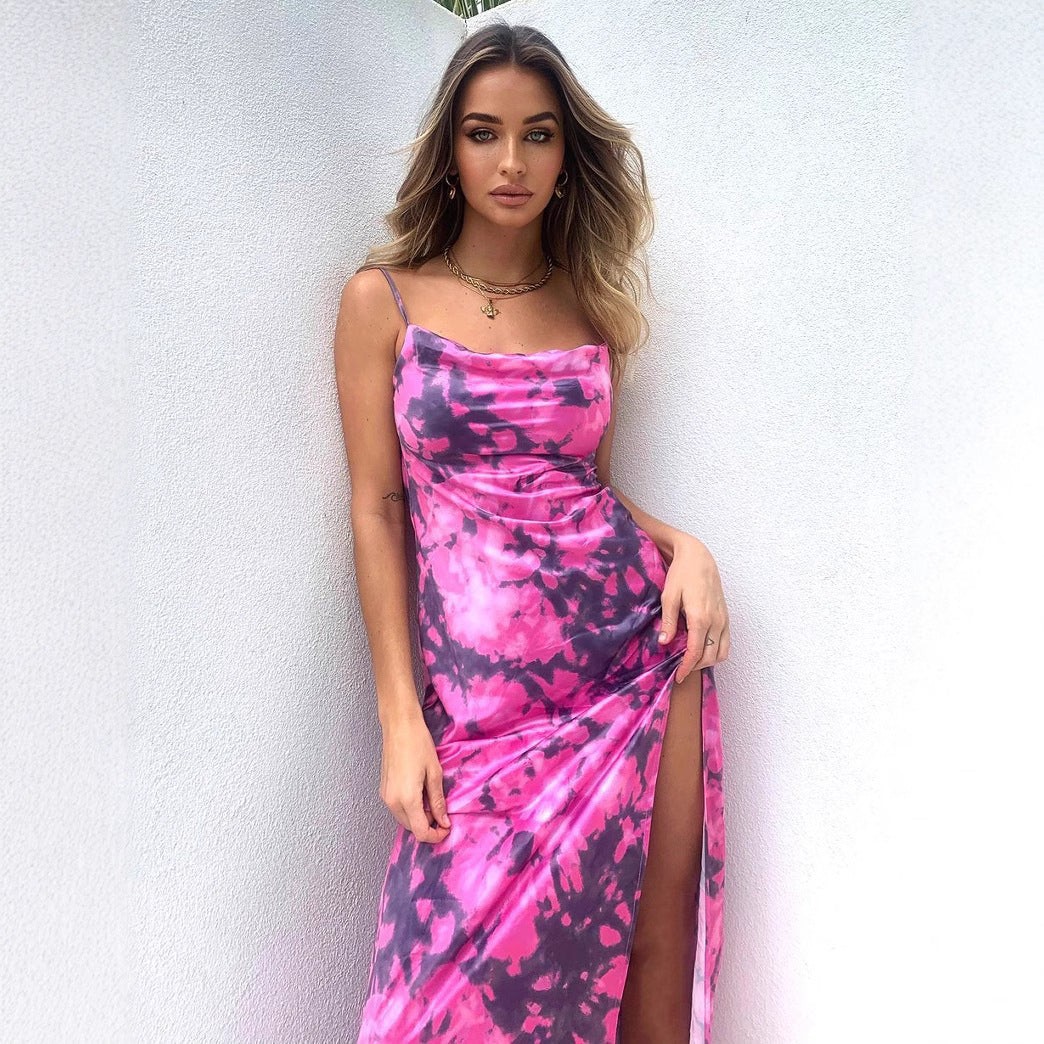 Maxi dress with hooded neckline and high slit for women Lune London