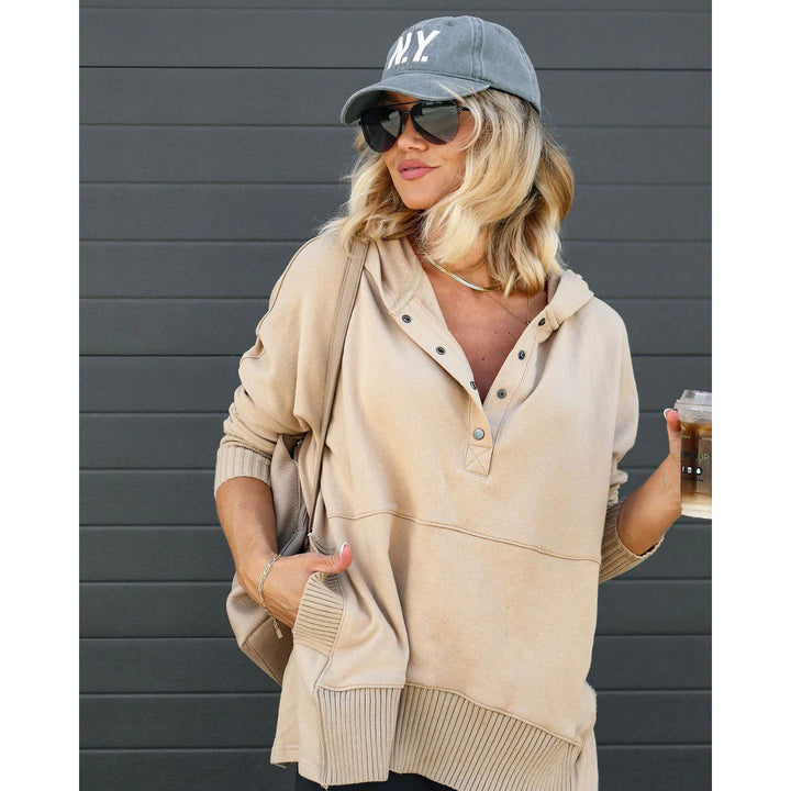 Casual sweater for women with button placket and hood Lune London