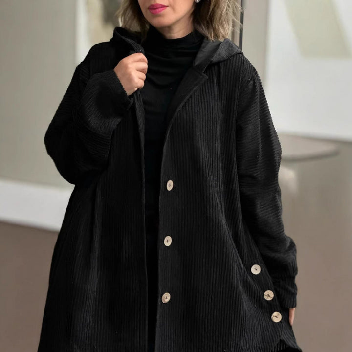 Ladies Cozy Corduroy Jacket with Hood and Button Closure Lune London