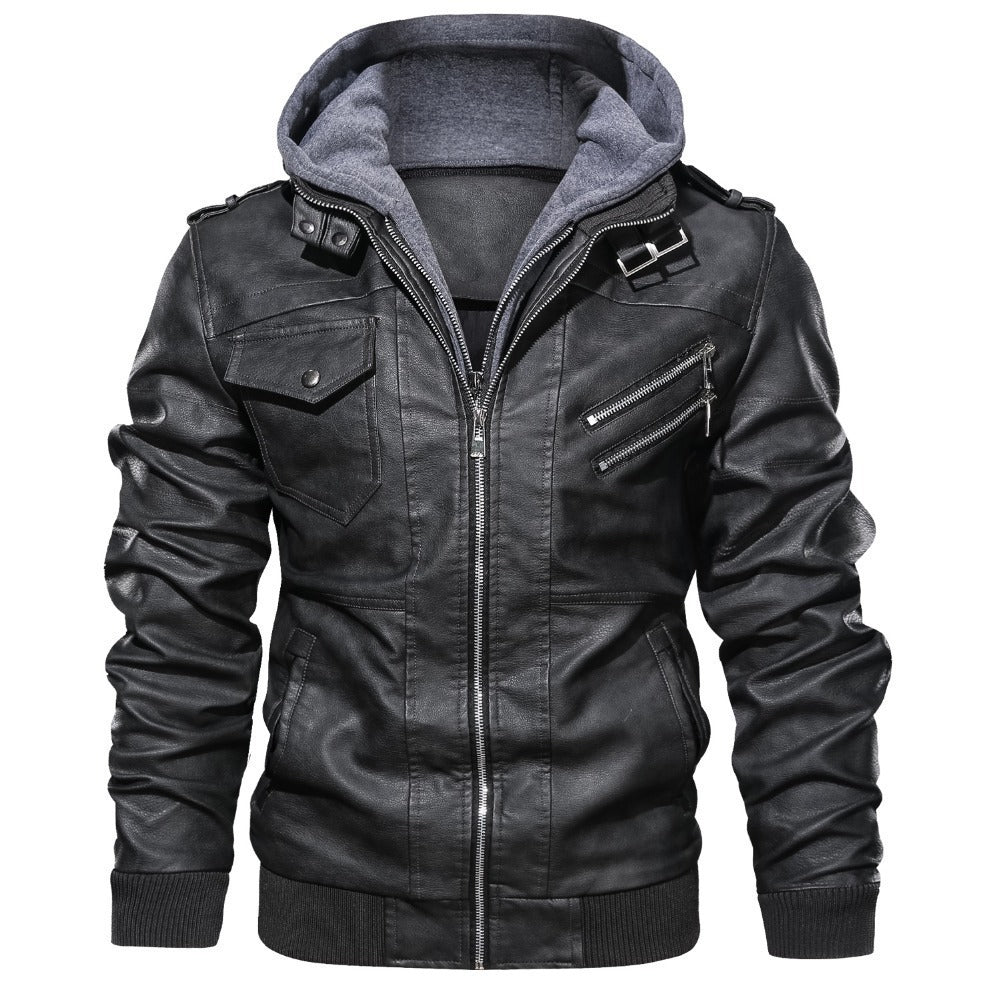 Casual synthetic leather jacket for men with removable hood and multiple pockets Lune London