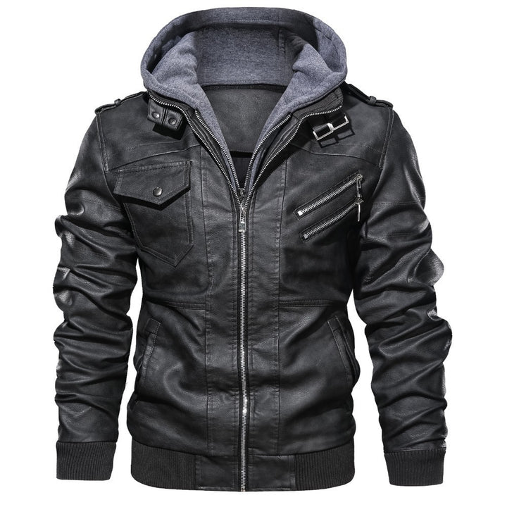 Casual synthetic leather jacket for men with removable hood and multiple pockets Lune London