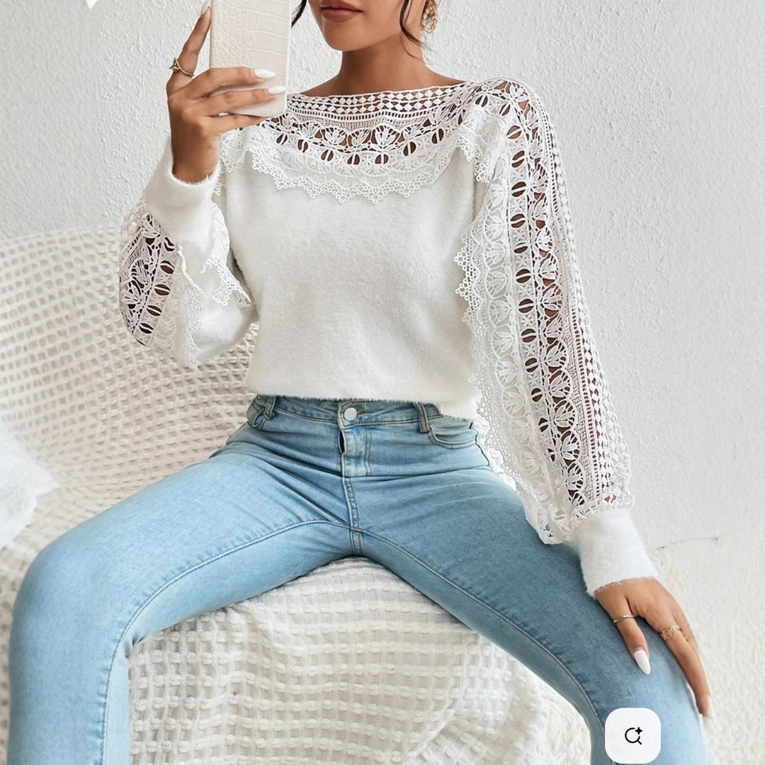 Knitted sweater for women with lace elements and ruffles Lune London