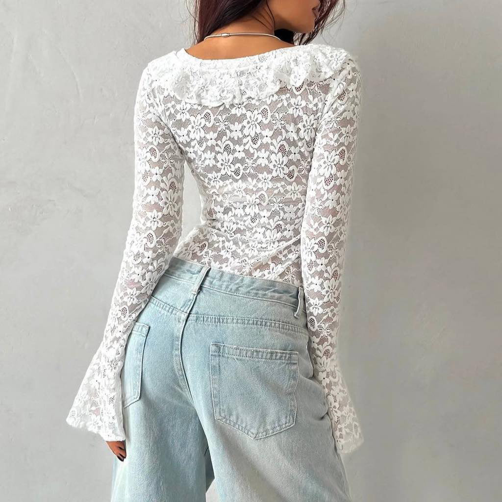 Lace body for women with playful ruffle detail and V-neck Lune London