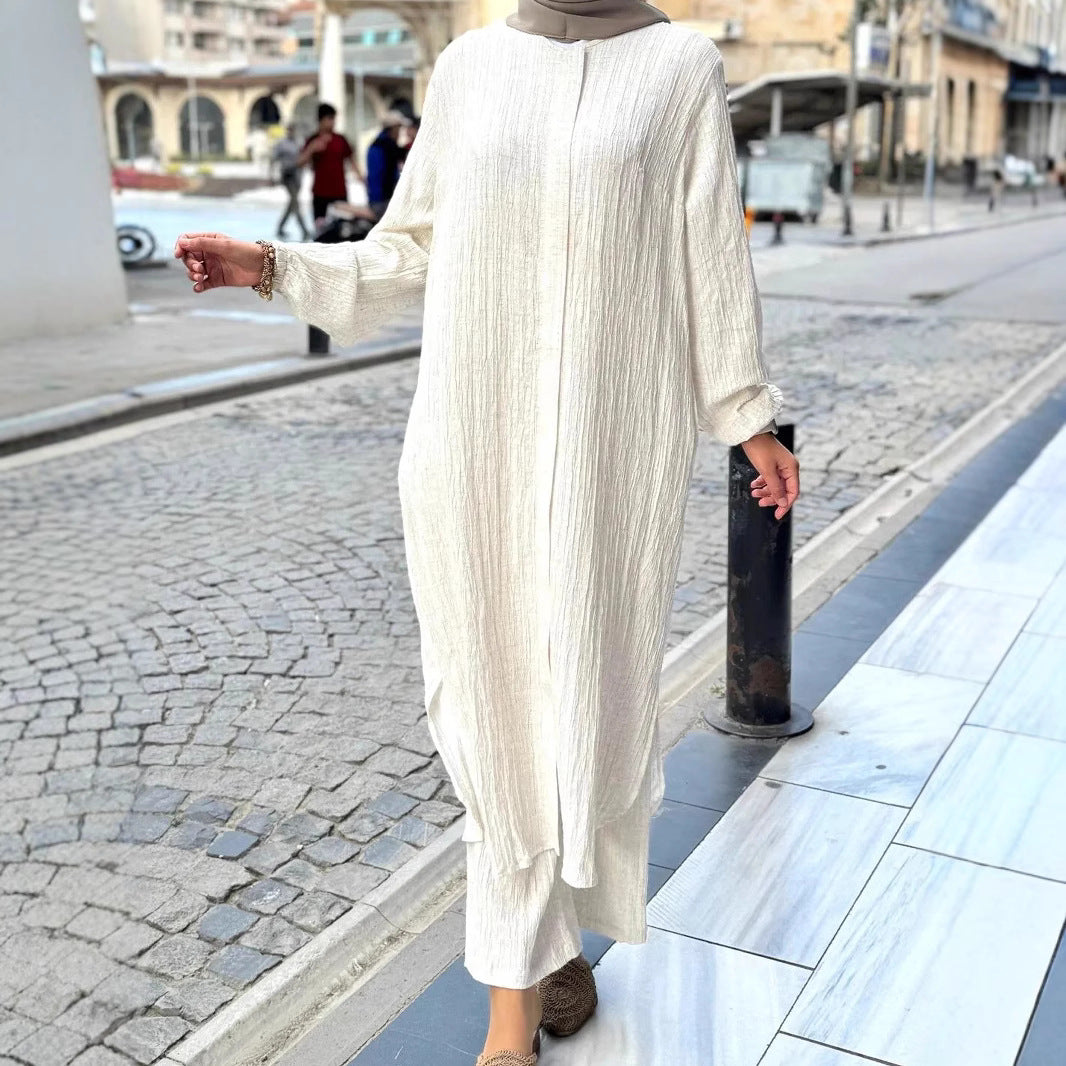 Robe décontractée pour femme à manches longues avec ourlet volanté et coton structuré