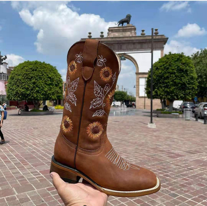 Women's cowboy boots with embroidered floral design and sturdy block heel Lune London