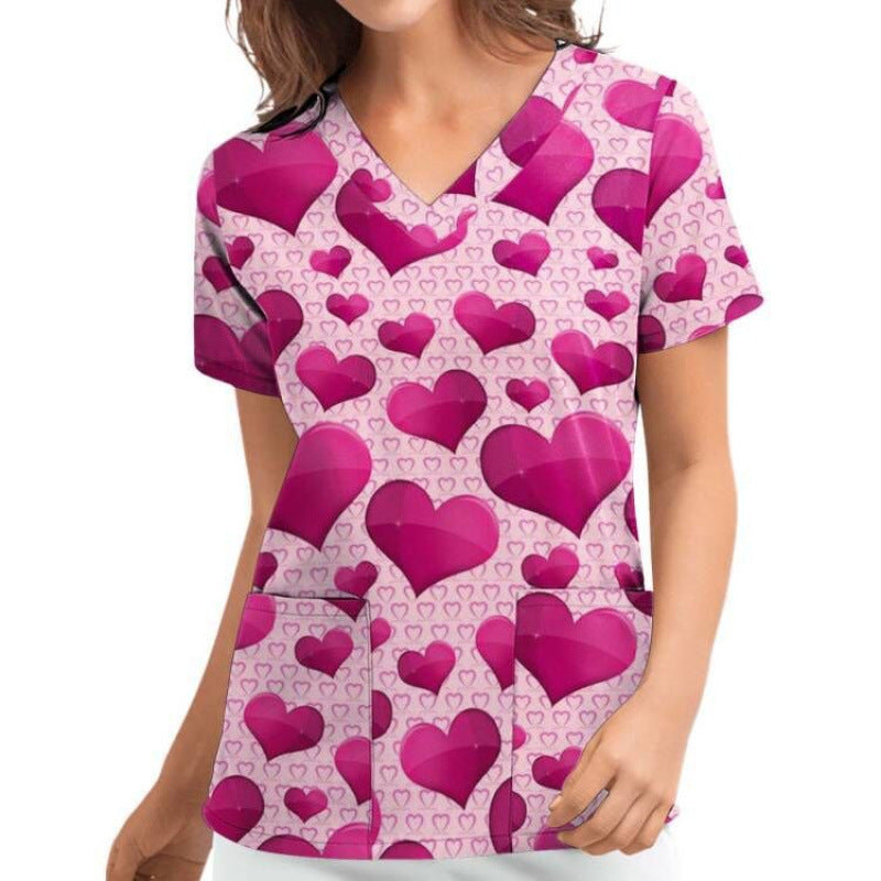 Women V Neck Heart Pattern Chic Medical Blouse and Style
