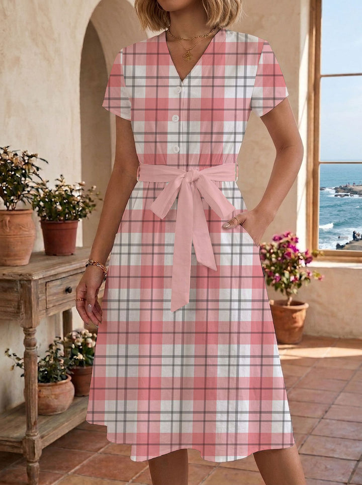 Women's casual maxi dress with adjustable knot and decorative check pattern Lune London