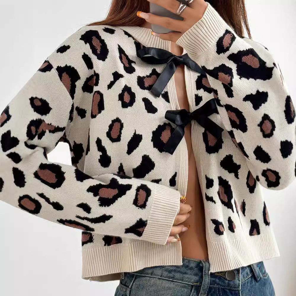Ladies Elegant Style leopard knitted vest with ties Lune London