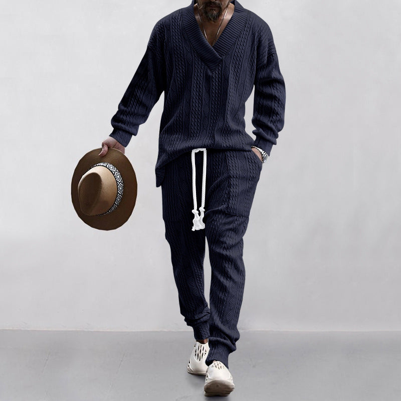 Men's Casual Knit Outfit with V-Neck and Elastic Cuffs Lune London