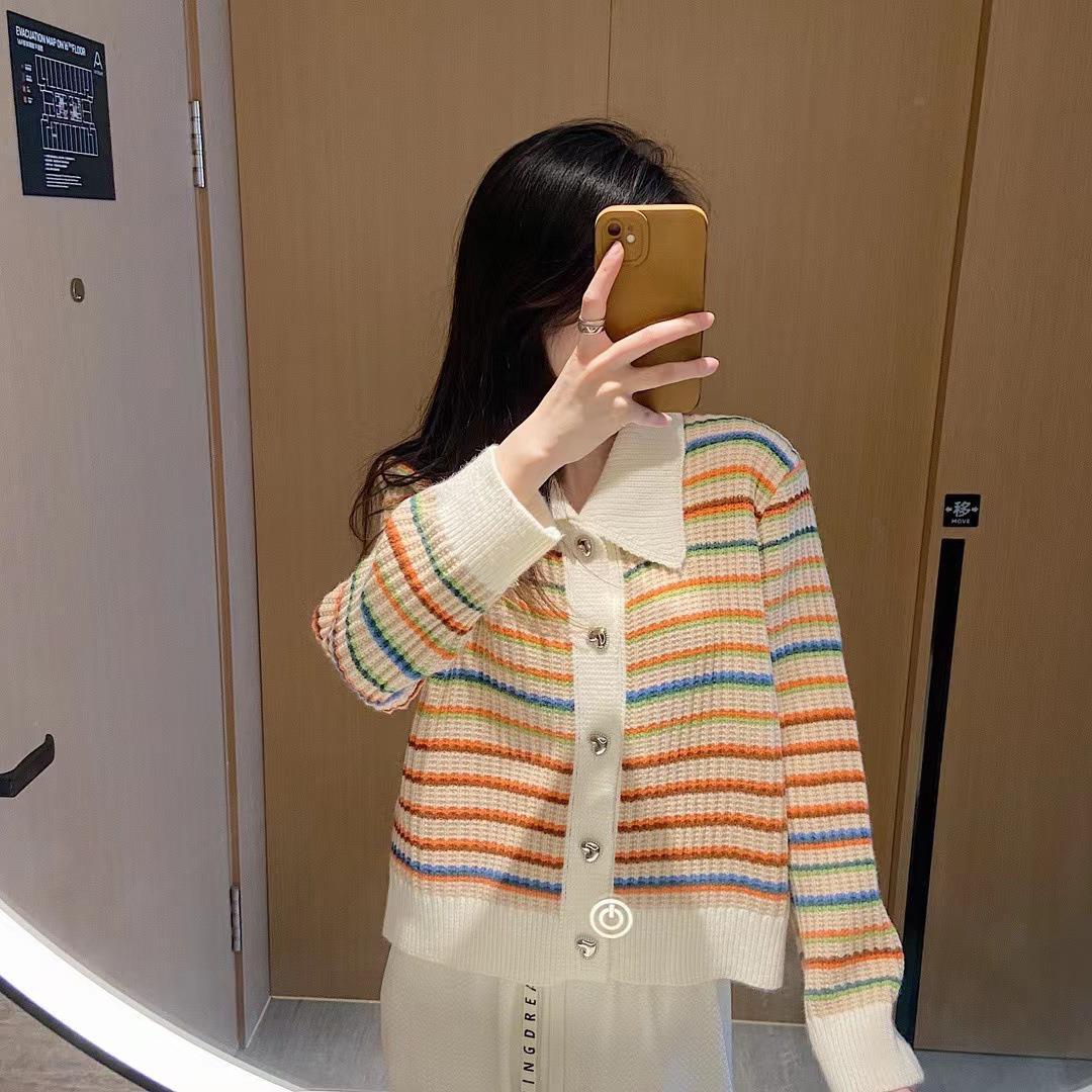 Striped knit jacket for women with stylish collar and shiny buttons Lune London