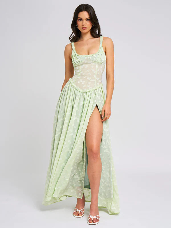 Women Floor-Length Lace Dress with Transparent Inserts and Refined Slit Lune London