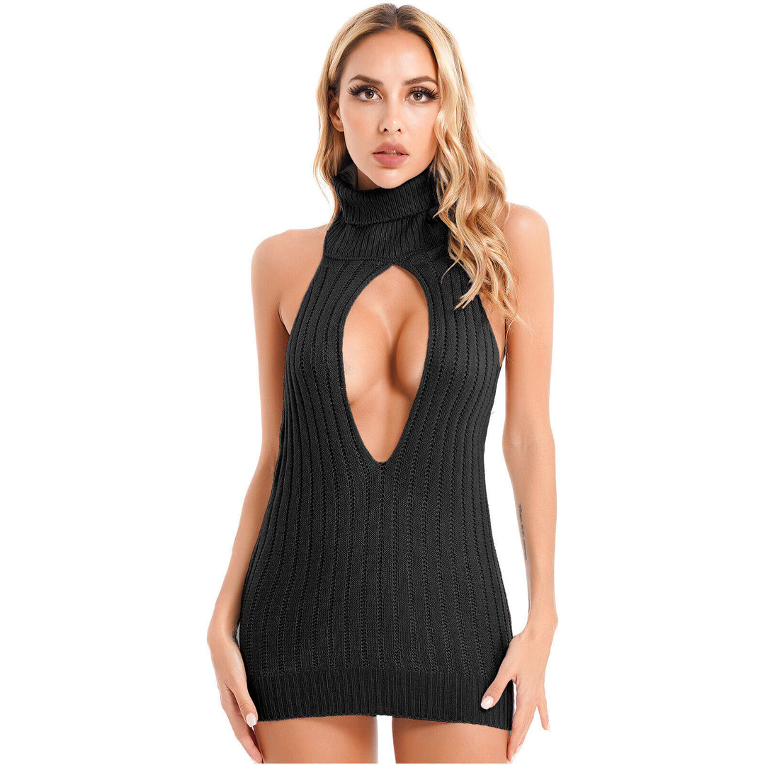 Women's knit dress with deep V neckline and high collar Lune London