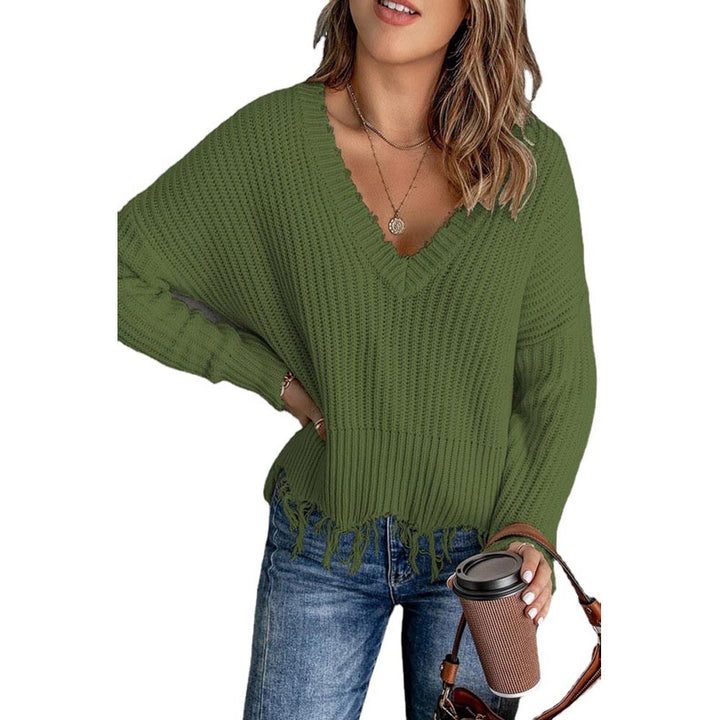 Women Casual Knit Sweater with V-neck and Fringed Hem Lune London