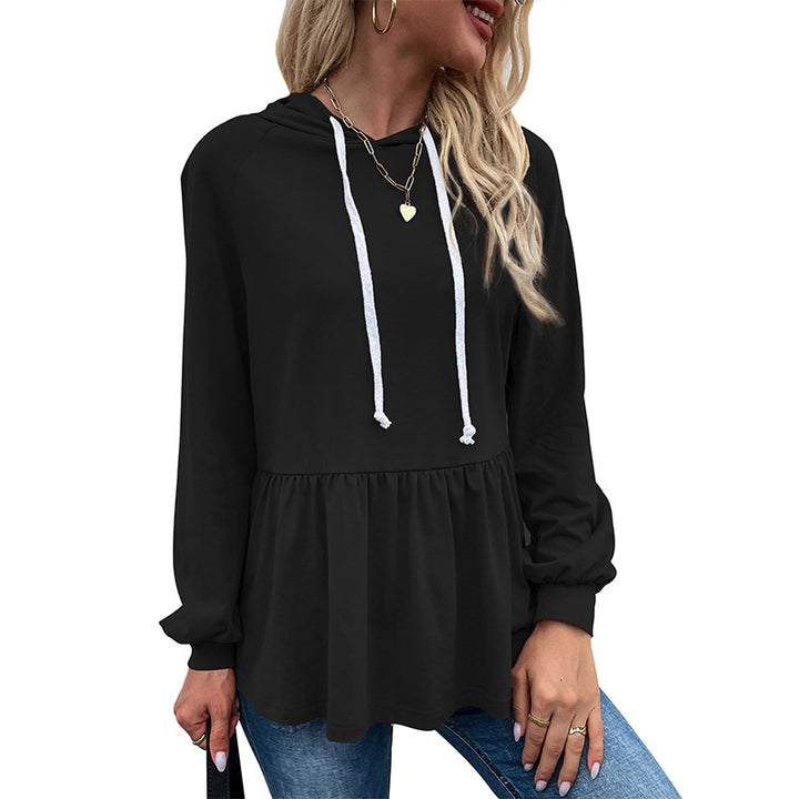 Casual hooded blouse for women with asymmetric cut and ruffle details Lune London