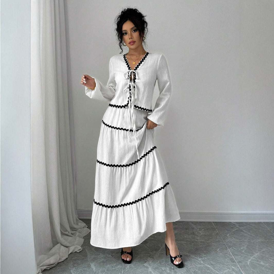 Maxi dress for women with elegant gathers and contrasting bias Lune London