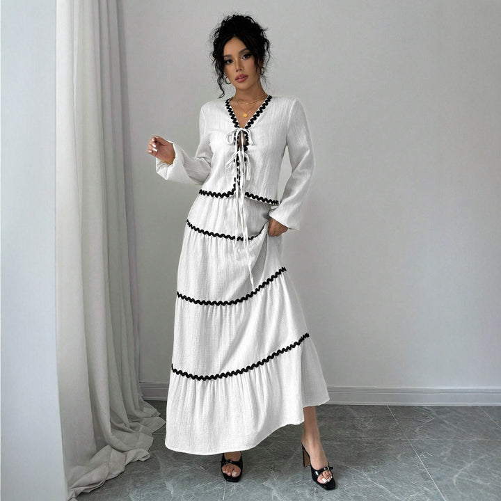 Maxi dress for women with elegant gathers and contrasting bias Lune London