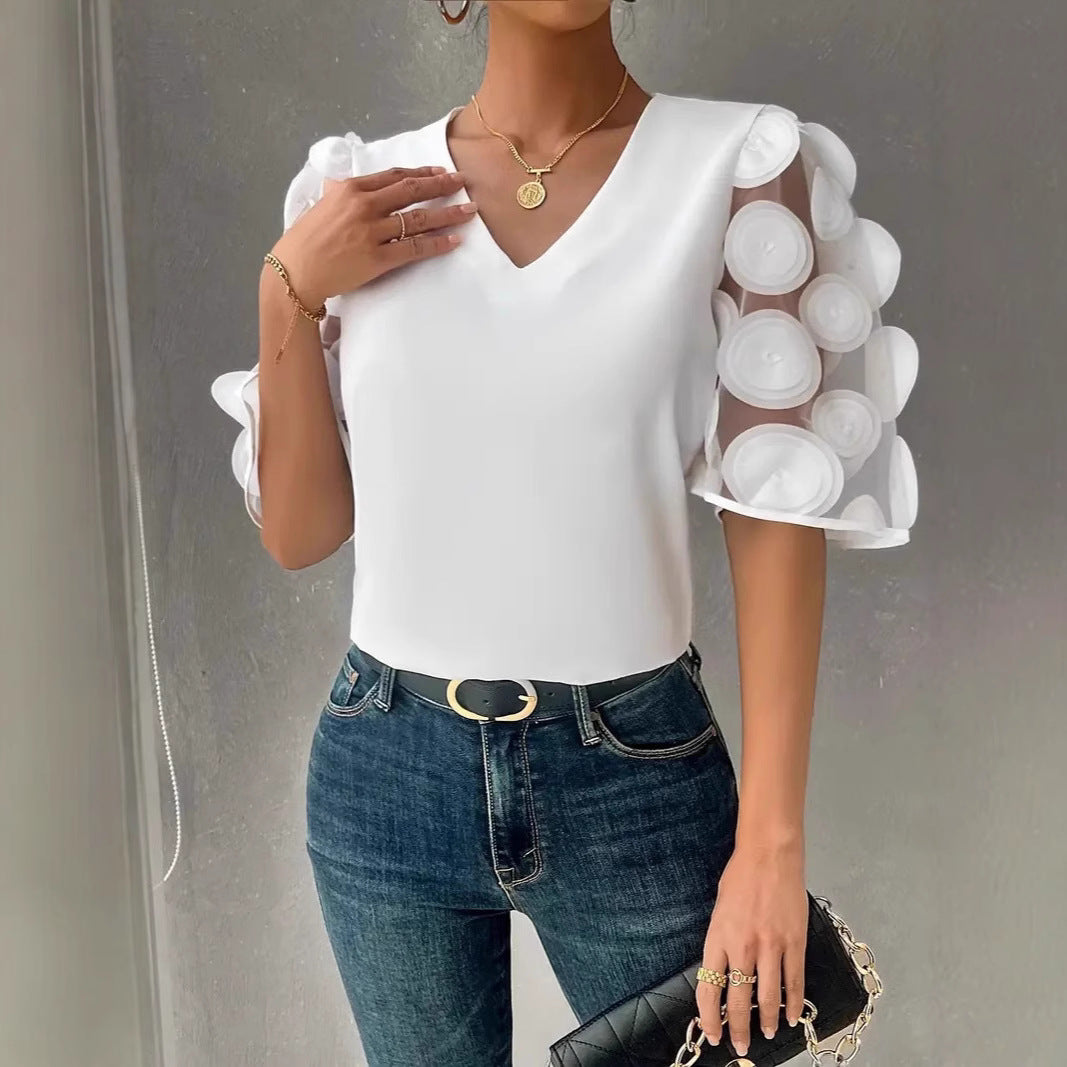 Ladies Elegant Top with Sheer Puff Sleeves and a Chic V Neck