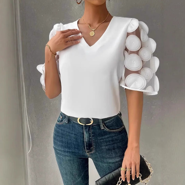Ladies Elegant Top with Sheer Puff Sleeves and a Chic V Neck