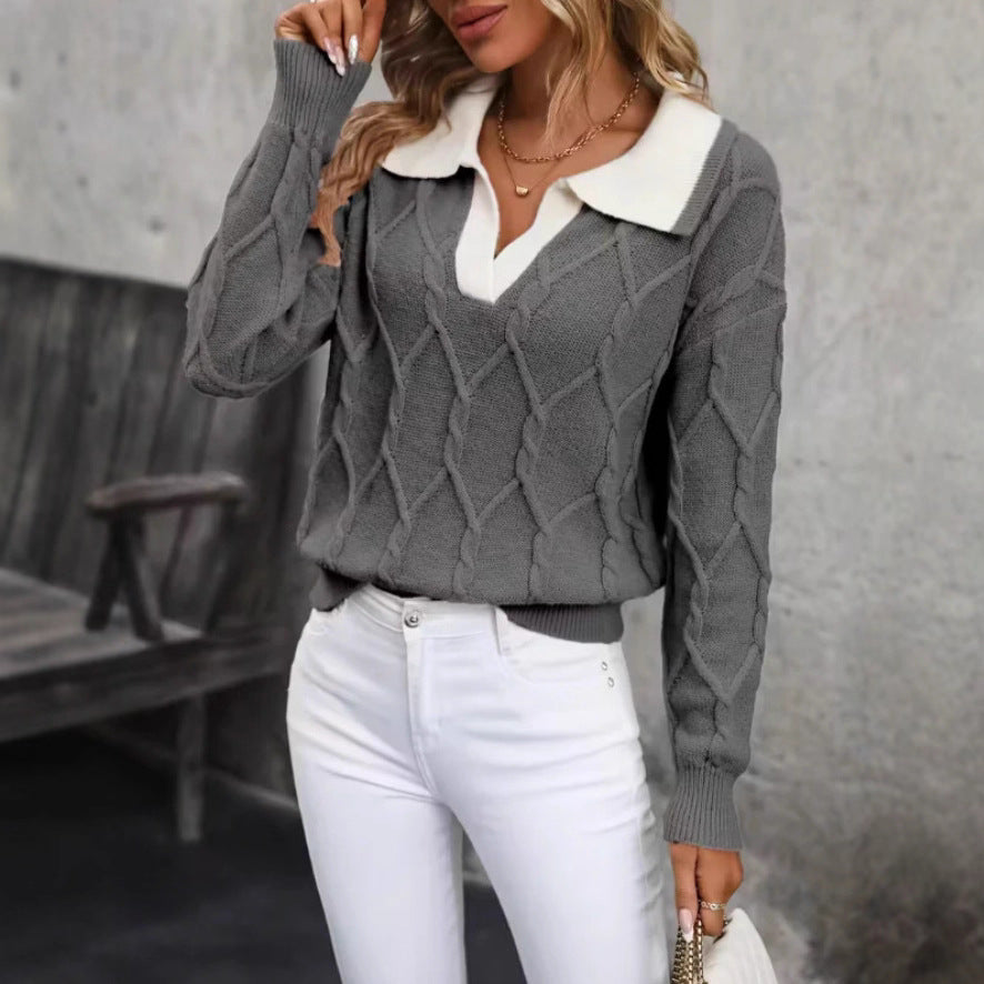 Pull en maille pour femme avec col polo classique et texture en diamant Chic & Stil