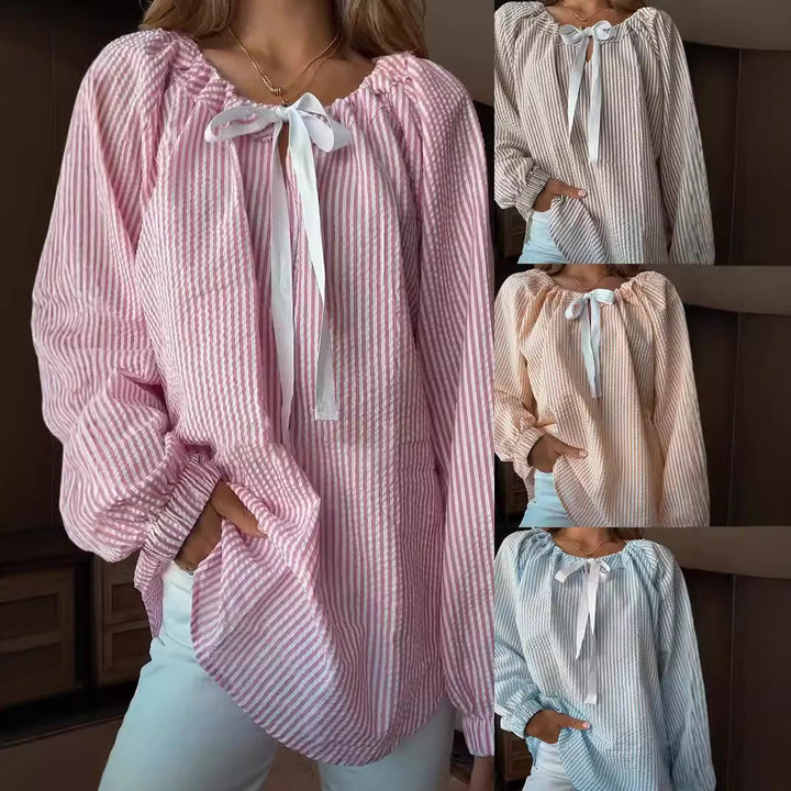 Ladies' blouse with elastic neckline and bow tie Lune London