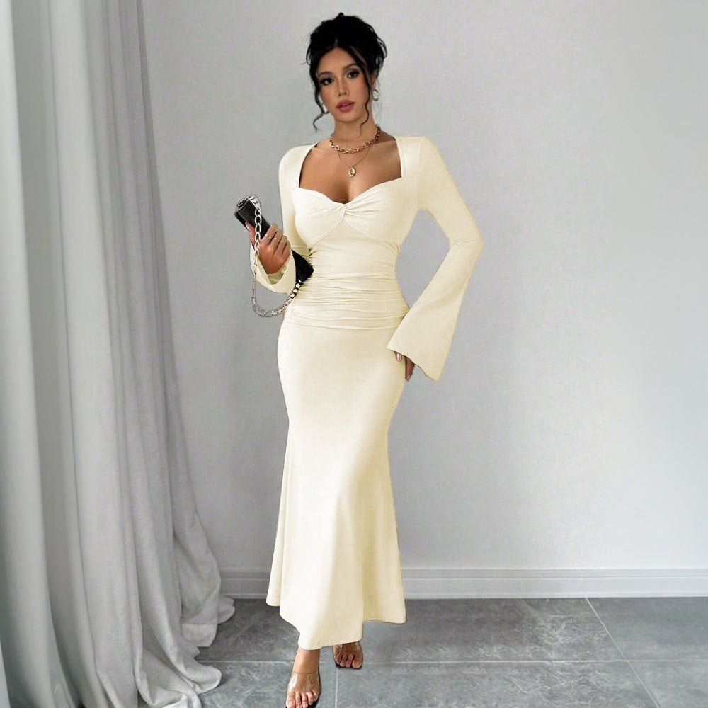 Elegant long sleeve maxi dresses for women with deep V neckline and stylish ruching Chic & Stil