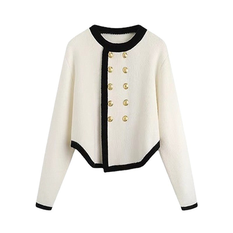 Elegant ladies cardigan with gold button details and contrasting finishes Lune London