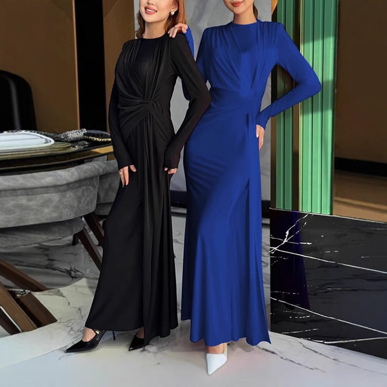 Women's Elegant Long Dress with Gathering and High Collar Lune London