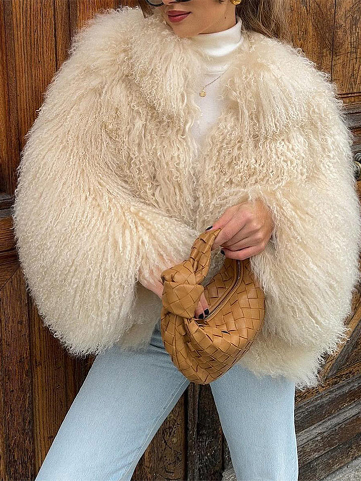 Ladies Elegant Faux Fur Coat with High Collar and Stylish Cut Lune London