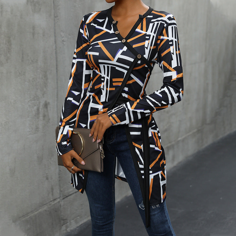Long blouse with sleeves for women with geometric design and buttoned plastron Lune London