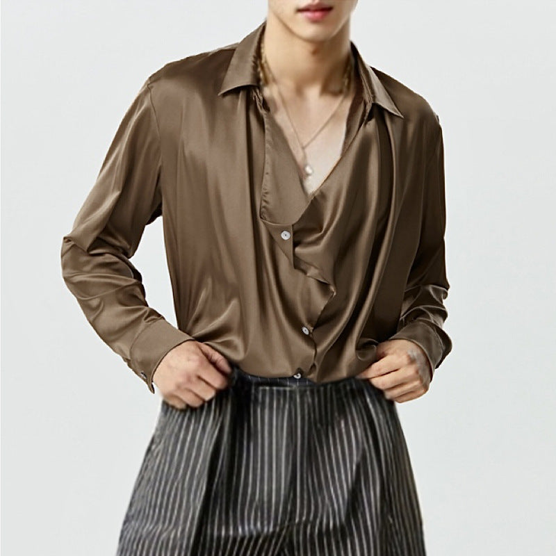 Men's elegant long sleeve shirt with draped button placket and silky finish Lune London
