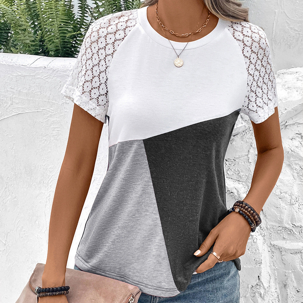 Trendy women's T-shirt with lace sleeves and chic color block design