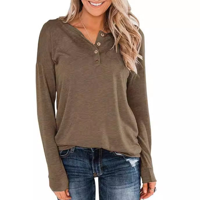 Women’S Fashionable Long Sleeve Henley Shirt with Button Placket Lune London
