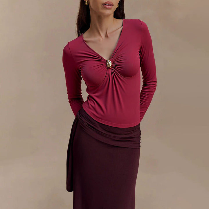 Haut femme avec détail de nœud raffiné et élégant décolleté en V Chic & Stil
