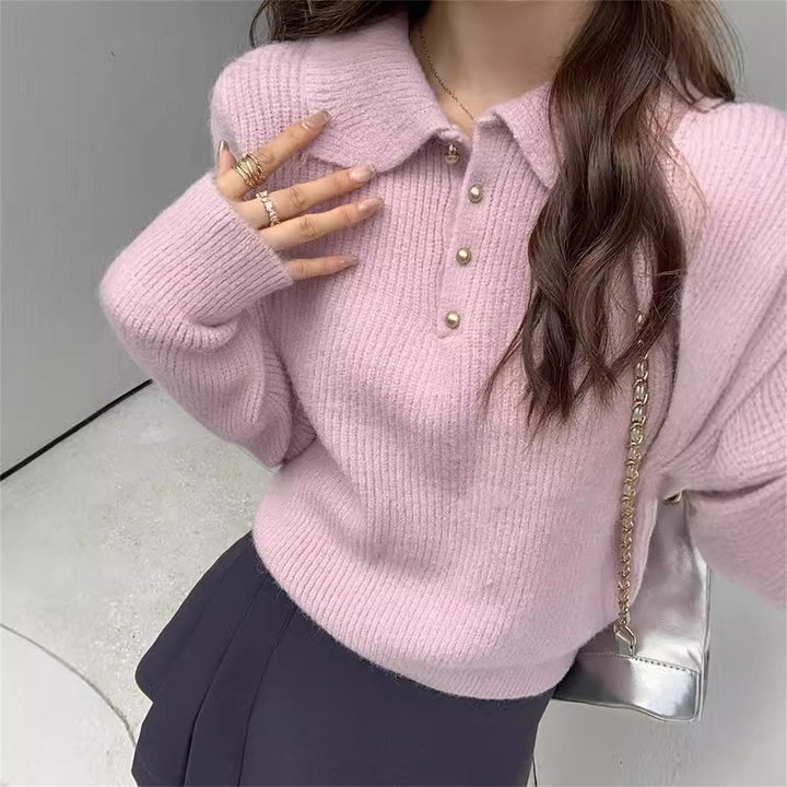Pull élégant à col polo pour femmes en drap tricot doux